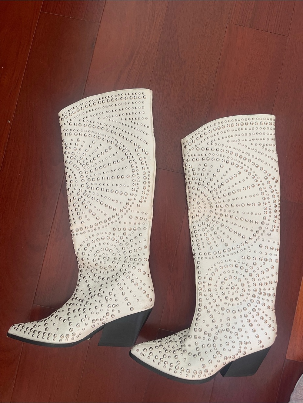 Studded White Knee-High Western Boots for Women